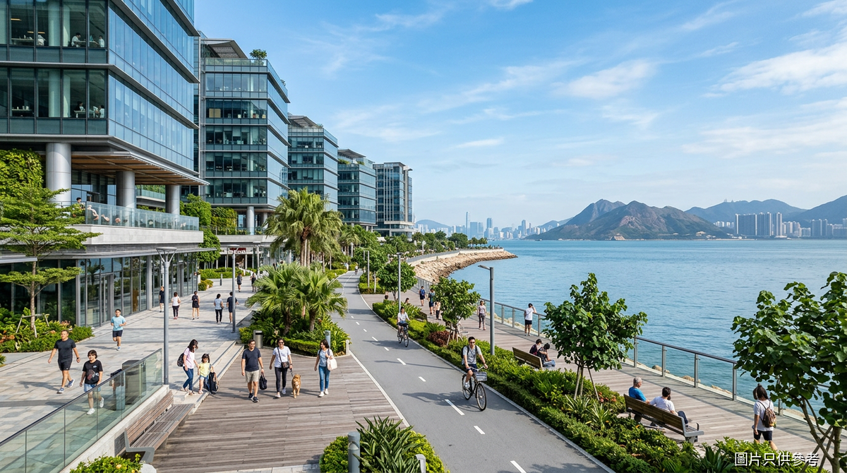 流浮山數碼新海岸海濱與數碼科技建築概念圖